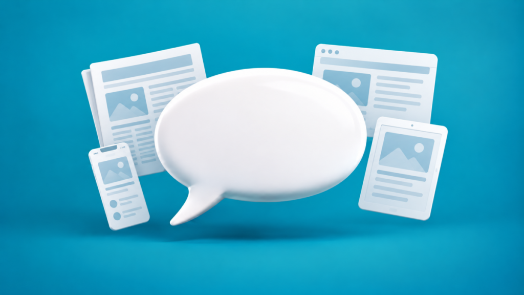 White speech bubble containing abstract news and information lines on a teal background.